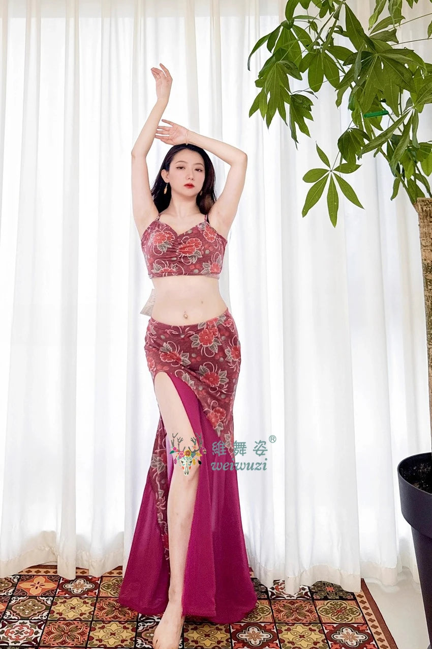 New Belly Dance Costume for Women's Slim Fit Short Sleeved Top+Premium Printed Skirt Set Oriental Dance Performance Clothing - AMULET RING STORE