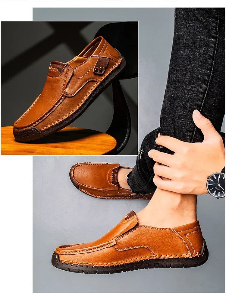 New Handmade Leather Men Shoes Casual Comfortable Men Loafers Slip On Leather Shoes Men Flats Hot Sale Outdoor  Walking Shoes