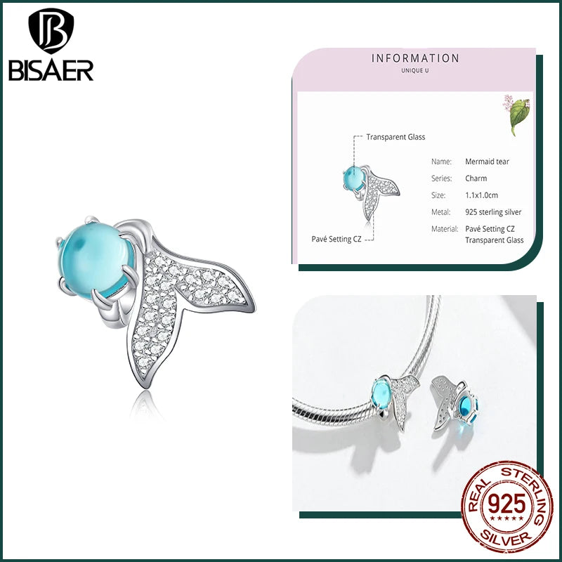 BISAER 925 Sterling Silver Charm Ocean Style Fish Dolphin Mermaid Shell Blue CZ Bead For Necklace&Bracelet DIY Fine Jewelry Gift - AMULET RING STORE