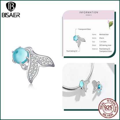 BISAER 925 Sterling Silver Charm Ocean Style Fish Dolphin Mermaid Shell Blue CZ Bead For Necklace&Bracelet DIY Fine Jewelry Gift - AMULET RING STORE