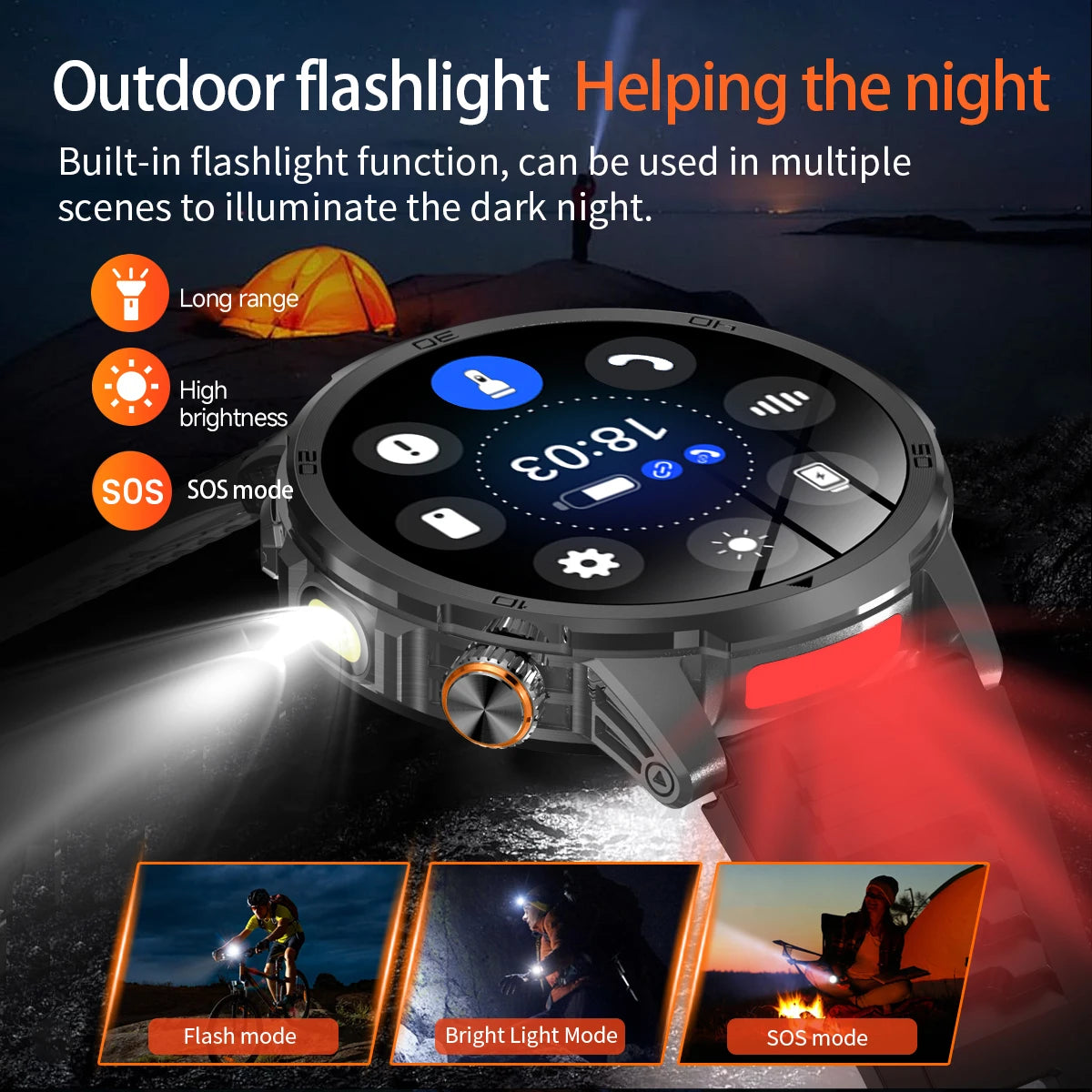 1000mAh Super Large Battery Military Smart Watch BT Call LED Flashlight SOS Alarm 5ATM Waterproof Outdoor Tactical Watches Men
