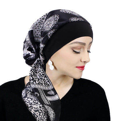 Printed Pre-tie Headscarf Women Elastic Muslim Female Turban Cancer Chemo Hat Hair Loss Cover Head Wrap Headwear Stretch Bandana - AMULET RING STORE