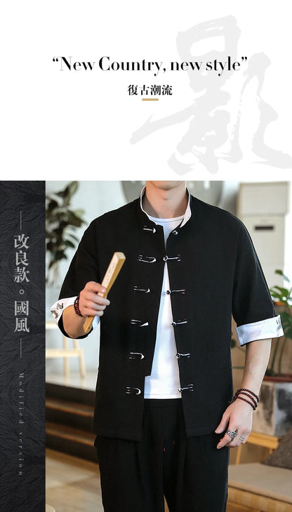 New Crane Embroidery Top Traditional Chinese Clothing for Men Vintage Half Sleeve Linen Shirts Solid Madarin Collar Hanfu Kungfu