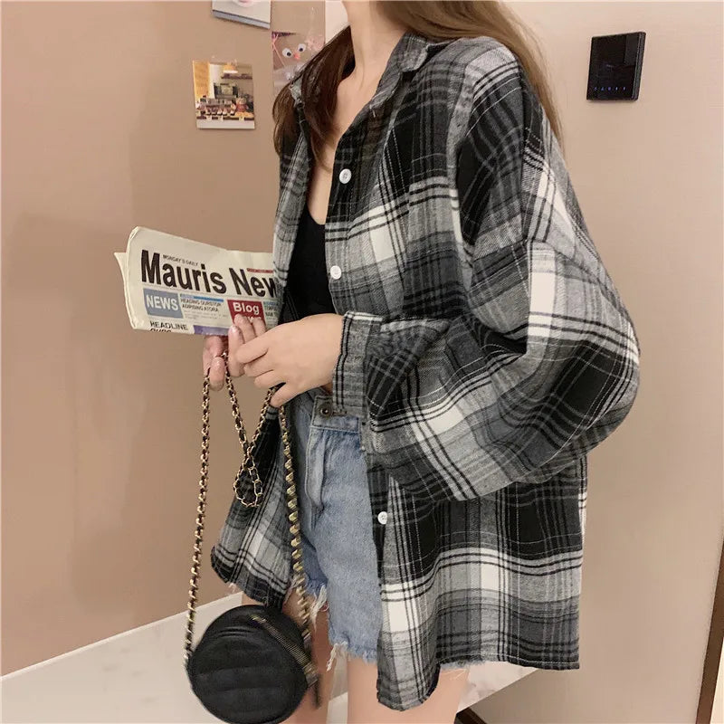 Plaid Shirt Women Spring Long Sleeve Top Female Vintage OL Fashion Single Breasted Blouse Ladies Preppy Style Loose Check Shirts