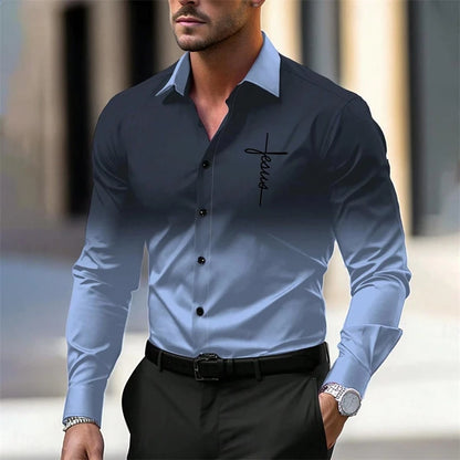 Simple Jesus Pattern Shirts For Men Spring Autumn Fashion 3D Printed Gradient Christian Long Sleeve Shirt Casual Loose Blouse