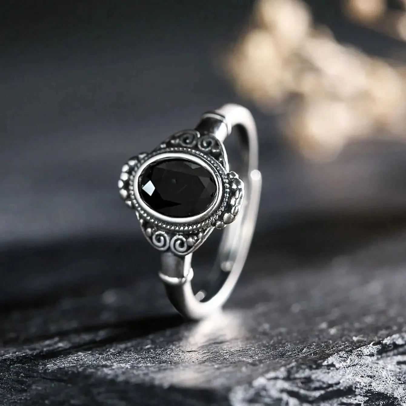 Soild S925 Silver Ring Natural Black Spinel Oval Gemstone Vintage Floral Adjustable Bands Handmade Boho Jewelry Gifts - AMULET RING STORE