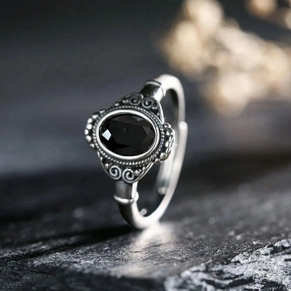 Soild S925 Silver Ring Natural Black Spinel Oval Gemstone Vintage Floral Adjustable Bands Handmade Boho Jewelry Gifts - AMULET RING STORE