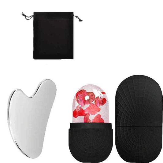 3-piece facial cleansing tool, stainless steel heart-shaped scraping tool, ice facial roller, a flannel bag