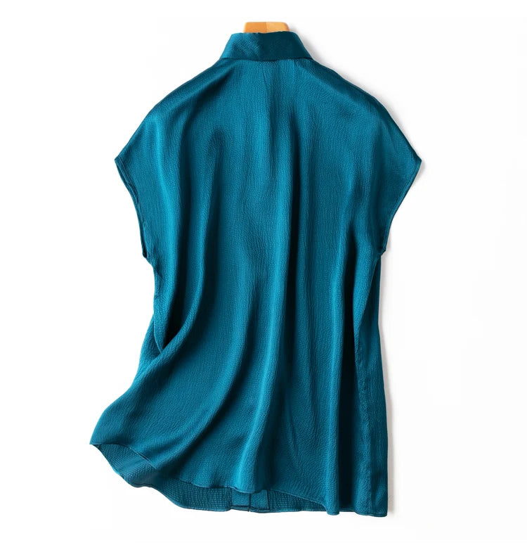 Women 100% Mulberry Silk 20 momme Heavy Silk Peacock Blue Collared Short Sleeve Buttons Down Shirt Top Blouse office work MM567