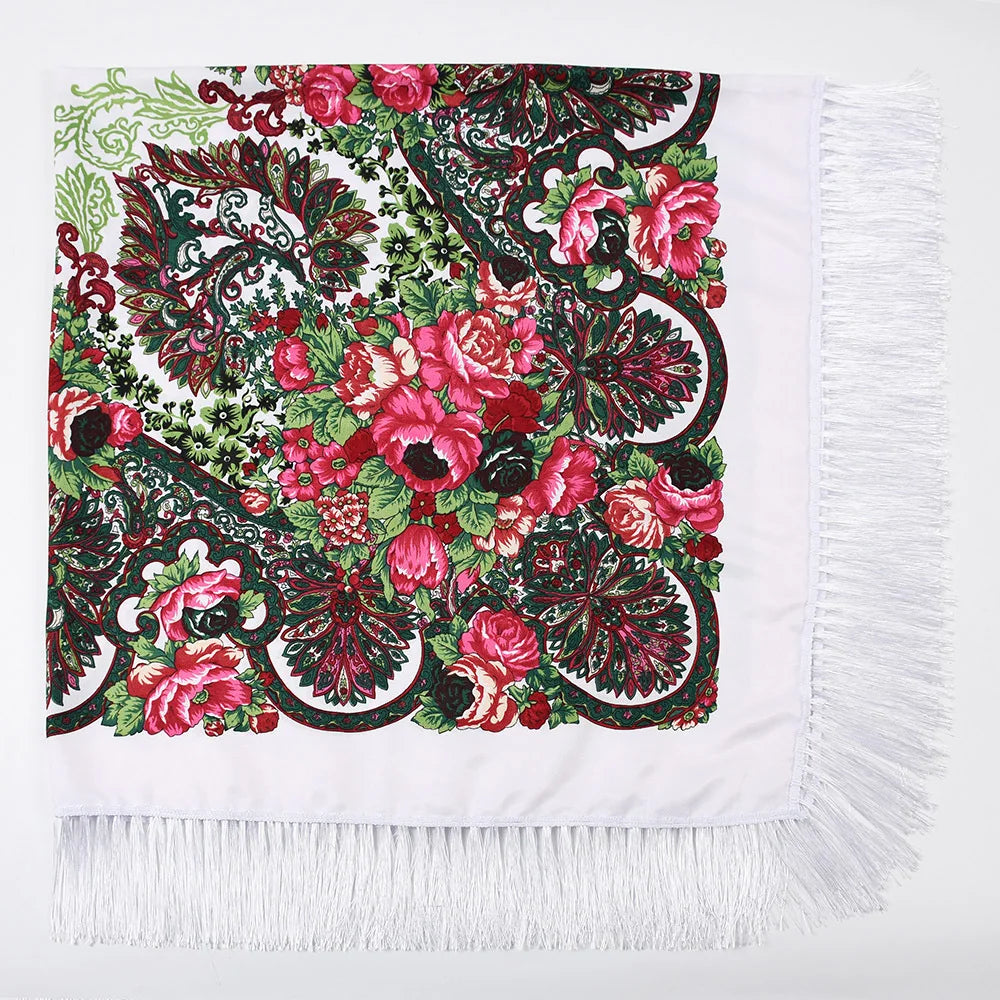 Russian Scarf Head Wrap for Women Luxury Ukrainian Manila Shawls Folk Cotton 160cm National Shawl Floral Print Travel Bandana - AMULET RING STORE