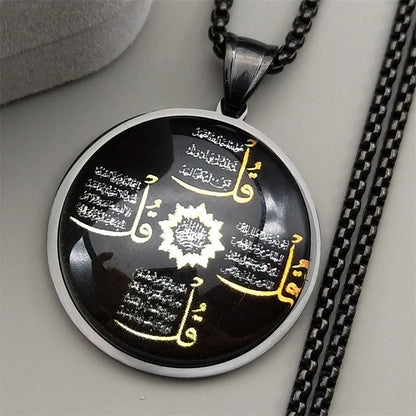 Islamic Arabic Letter Quran Allah God Round Glass Pendant Necklace for Women Men Gold Color Muslim Amulet Chain Jewelry Gift