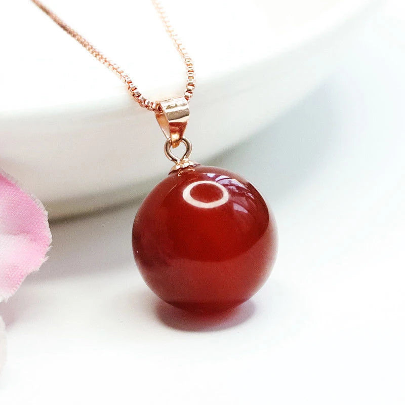 wholesale nature Red Agate Round Bead Pendant necklace 925 Silver Plated brass Clasp Head Women's Fashion Jewellery