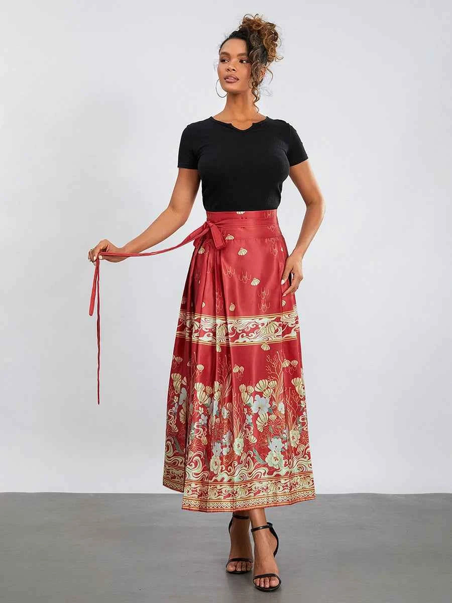 Women s Horse Face Skirt Elegant Phoenix Character Flower Print Pleated Tie Up A-Line Long Swing Skirt National Clothing