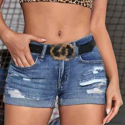 Women's Split Denim Shorts Summer Beach Wild Fashion Sexy Mid Waist Curled Cuff Perforated Elastic Slim Fit Casual Shorts
