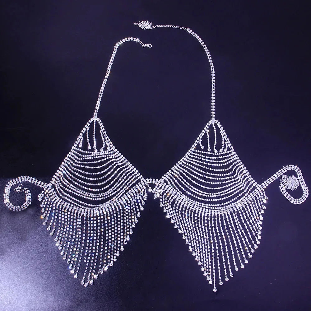 Bling Rhinestone Tassel Body Chain Bra Harness Lingerie Adjustable Luxury Hollow Body Jewelry Bra and Thong Bodysuit Crotchless - AMULET RING STORE