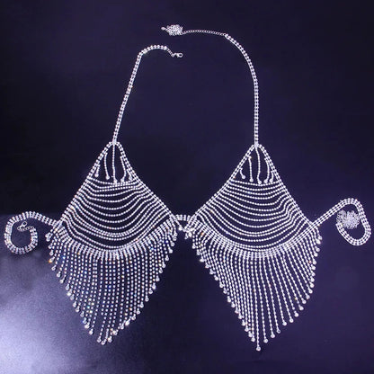 Bling Rhinestone Tassel Body Chain Bra Harness Lingerie Adjustable Luxury Hollow Body Jewelry Bra and Thong Bodysuit Crotchless - AMULET RING STORE