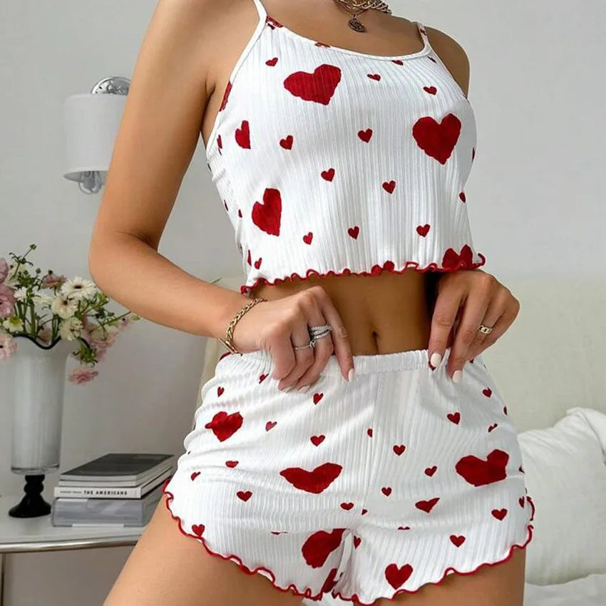 Women's Pajamas Set Sleepwear 2 PCS Short Tank Tops And Shorts S M L White Ventilate Soft Casual Love Printing - AMULET RING STORE