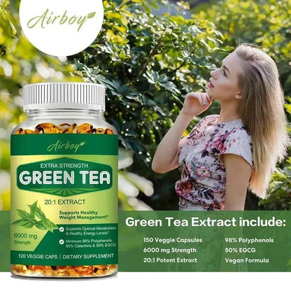 Green Tea Capsules - with 98% Polyphenols, 50% EGCG - Burns Fat, Boosts Metabolism, Appetite Suppressant, Antioxidant