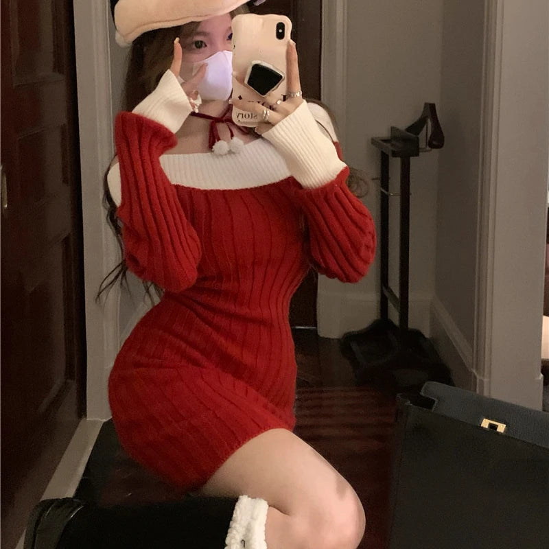 Sexy Red Christmas Dress Women Autumn Winter Korean Style Slash Neck Bodycon Knitted Dresses Female Elegant Y2k Party Mini Dress - AMULET RING STORE