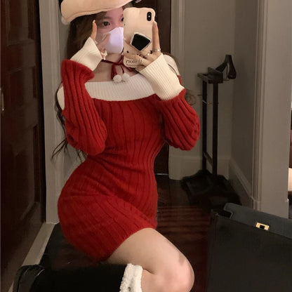 Sexy Red Christmas Dress Women Autumn Winter Korean Style Slash Neck Bodycon Knitted Dresses Female Elegant Y2k Party Mini Dress - AMULET RING STORE