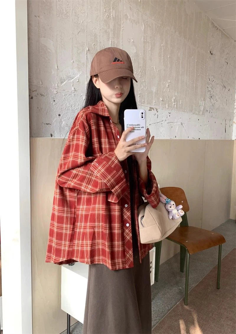Zoki American Y2K Plaid Shirt Women Loose Streetwear Long Sleeve Vintage Blouse Casual Oversize All Match Female Spring Tops New - AMULET RING STORE