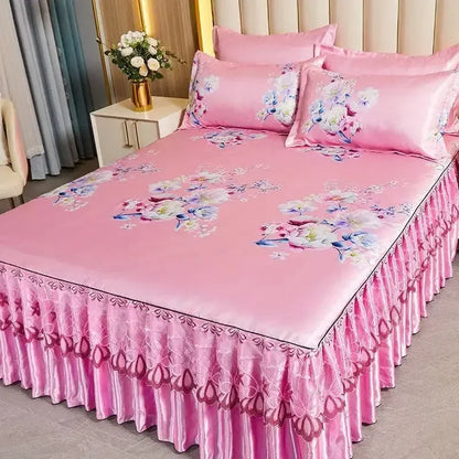 3Pcs/Lot Double Bed Sheet Set Classic Lace Royal Blue Bed Sheet Bed Skirt