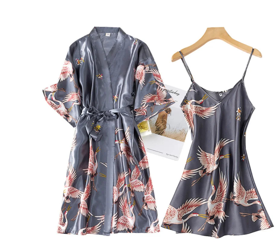 Sexy Nightwear Gown Set Women 2PC Pyjama V-Neck Pajamas Silky Sleepwear Spring Lady Sleep Suit Robe Wear Home Negligee Homewear