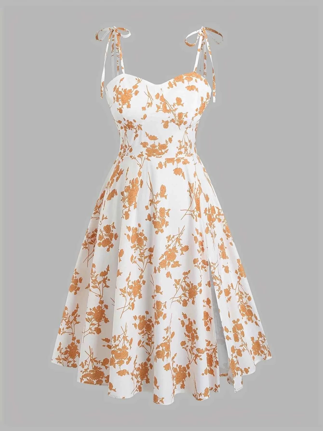 2024 European and American fashion plus size women's new flower print A-line skirt bow tie slit dress