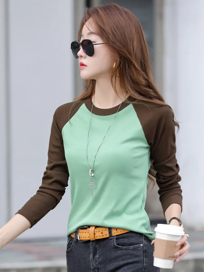 Cotton Slim T Shirt Women Contrast Color Womens Shirt Korean Fashion Clothing Long Sleeve Top 2024 Spring Autumn Tee Shirt Femme