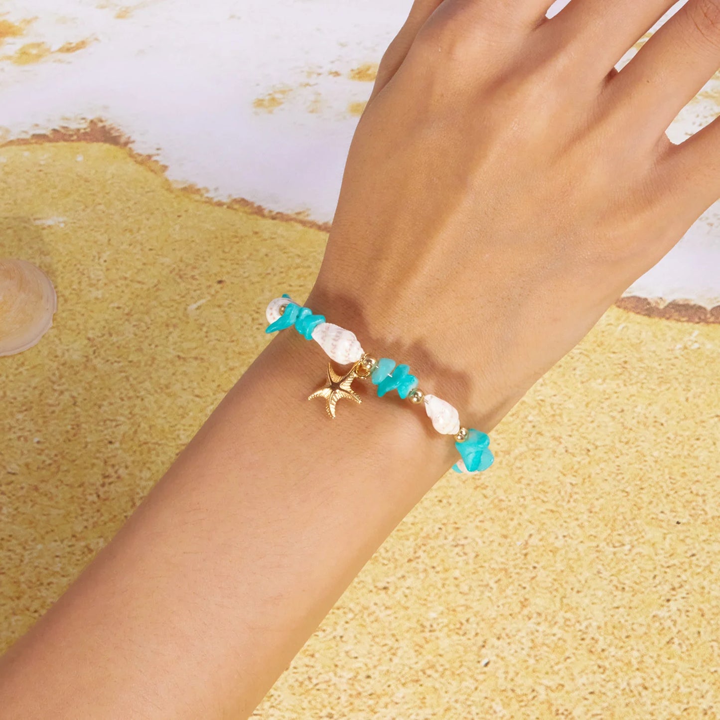 Bohemian Starfish Pendant Bracelet for Women Handmade Crushed Stone Beaded Bracelet Summer Beach Jewelry Travel Accessory Gift