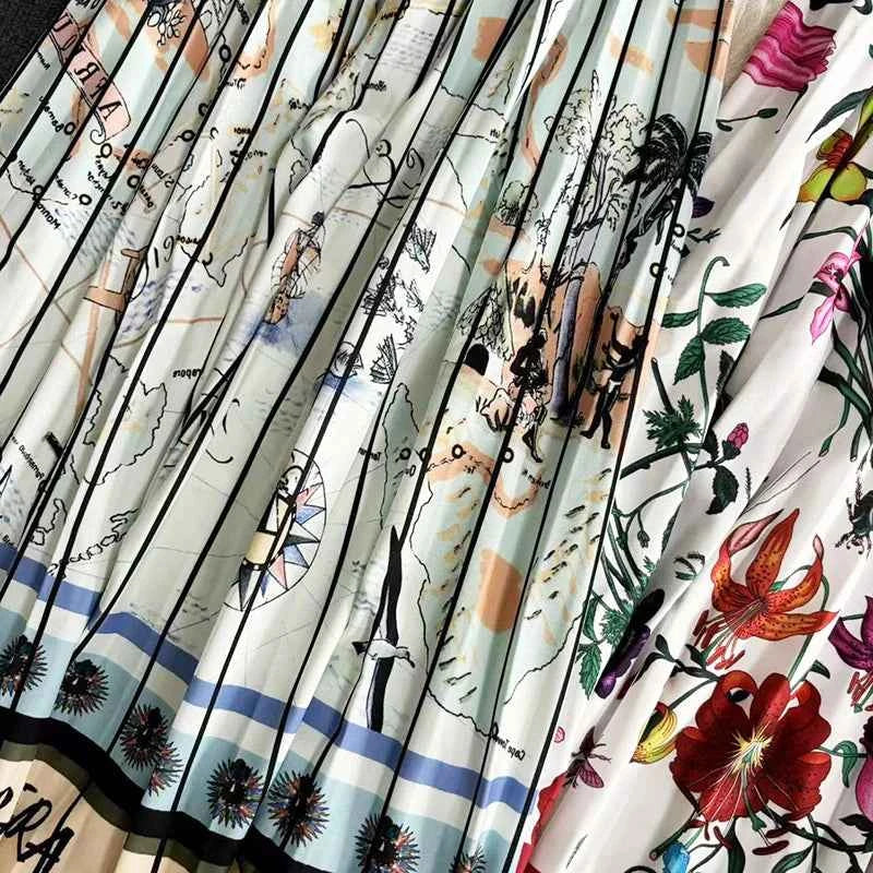 Autumn Skirts Womens New Vintage Floral Print Pleated Skirt Elastic High Waist Casual Midi Skirt Women Clothes Jupe