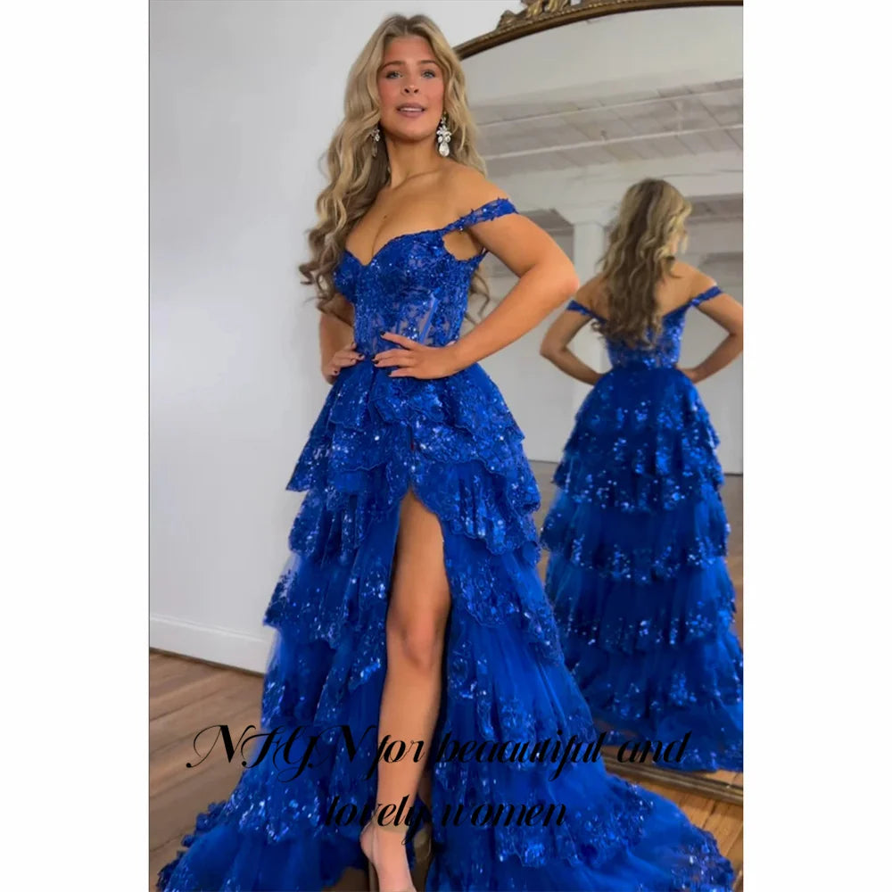 NFYN Glitter Royal Blue Prom Dress Exquisite Tiered Layer Party Dress High Split Off Shoulder Formal Dresses Gown Customized - AMULET RING STORE