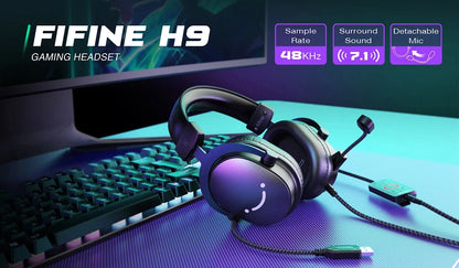 FIFINE Headset,3.5 mm jack&USB Headphone with 7.1 Surround Sound/volum contral/Mute switch for PC/MAC/PS4/PS5 Mixer-H9