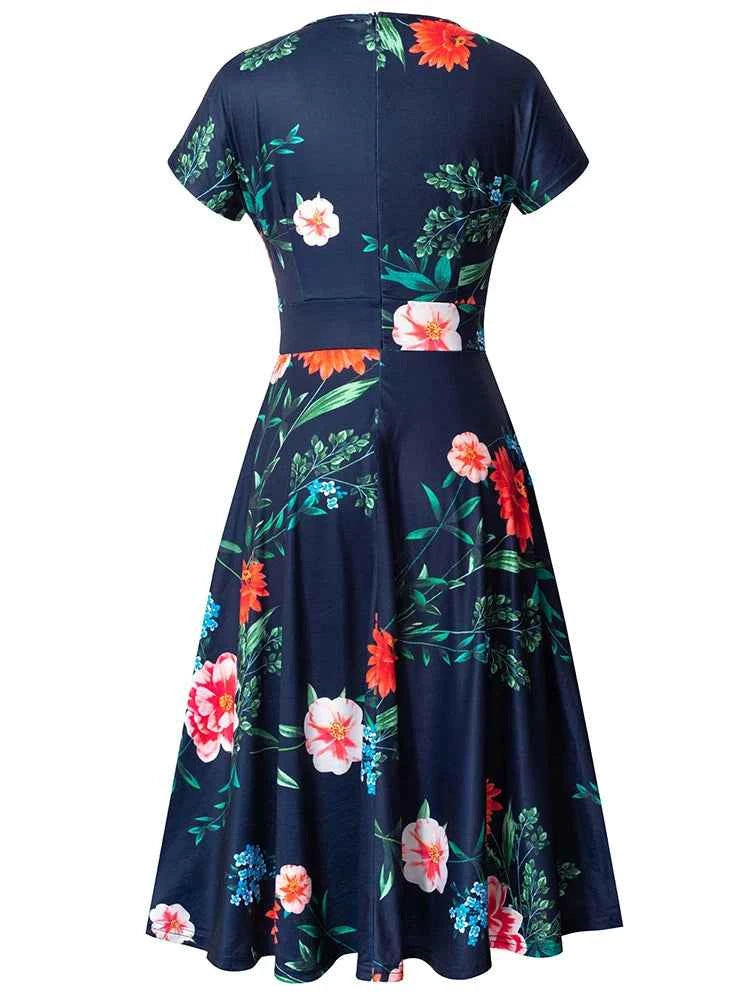 Nice-forever Vintage Elegant Floral Print Pleated Round neck vestidos A-Line Pinup Business Party Women Flare Swing Dress A102
