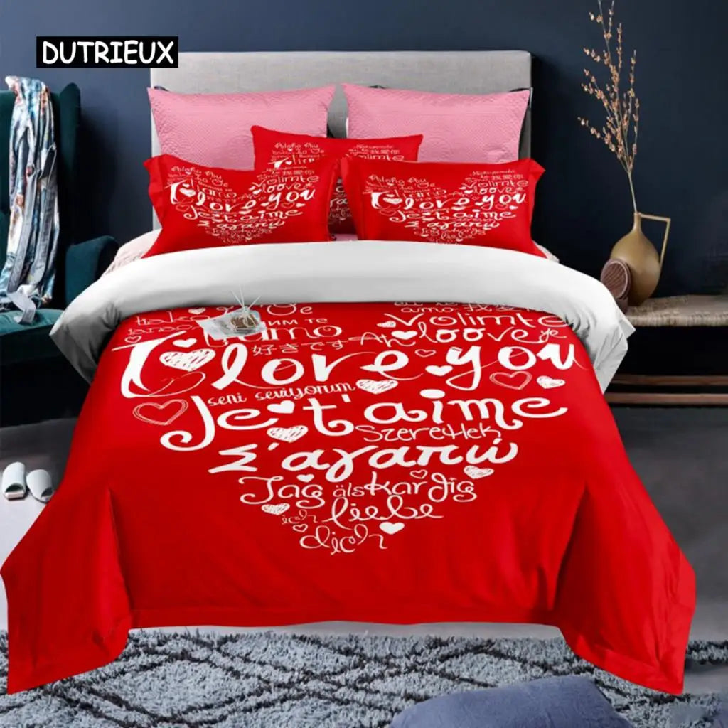 Valentine's Day Duvet Cover Set Red Rose I Love You Pattern King Size Couple Polyester Bedding Set Happy Romantic Quilt Cover