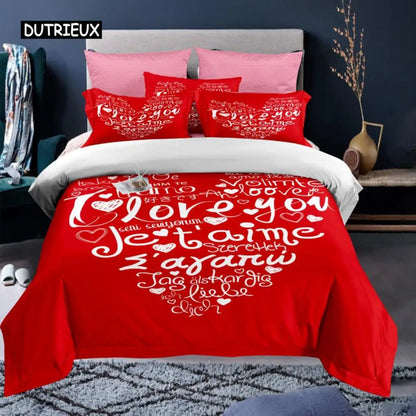 Valentine's Day Duvet Cover Set Red Rose I Love You Pattern King Size Couple Polyester Bedding Set Happy Romantic Quilt Cover