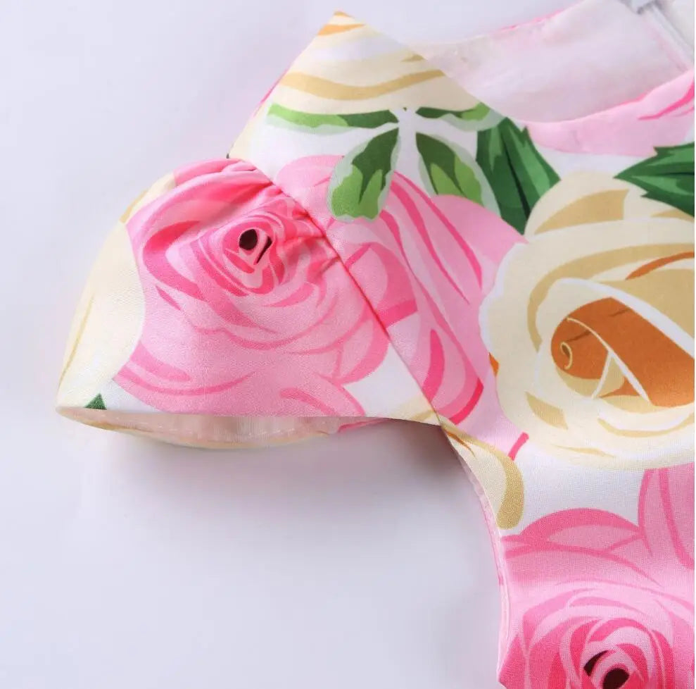 Summer Girls Rose Print Dress Princess Wedding Birthday Party Frocks Satin Children Vestidos Dresses For Girl Christmas Clothing