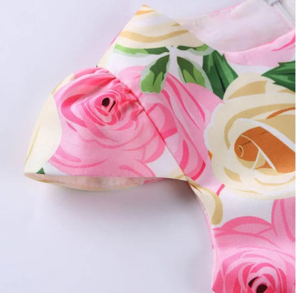 Summer Girls Rose Print Dress Princess Wedding Birthday Party Frocks Satin Children Vestidos Dresses For Girl Christmas Clothing