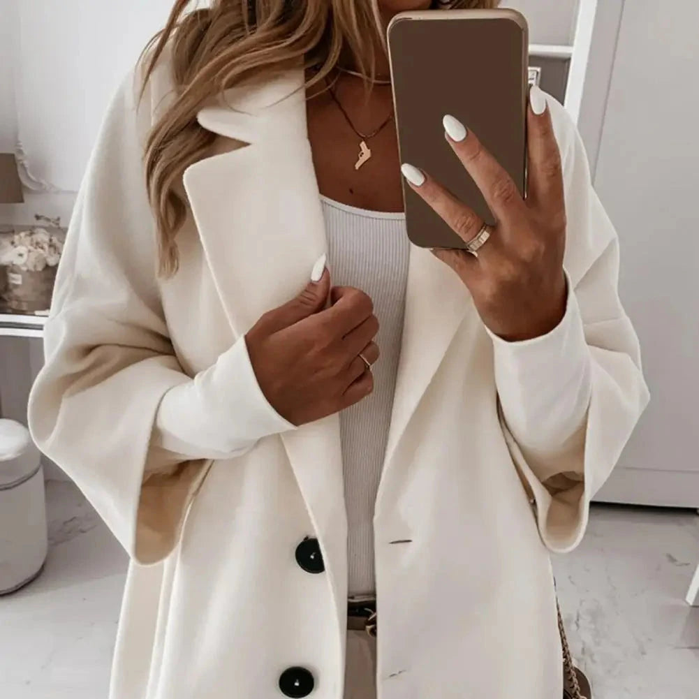 Fall Winter Women's Jacket 3/4 Long Sleeve Button Lapel Pocket Woolen Warm Jacket Coat Solid Color Thermal Fitted Cardigan Coat - AMULET RING STORE