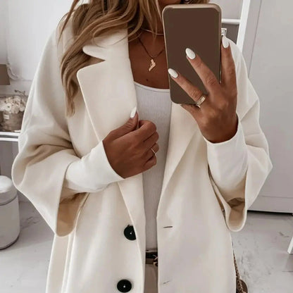 Fall Winter Women's Jacket 3/4 Long Sleeve Button Lapel Pocket Woolen Warm Jacket Coat Solid Color Thermal Fitted Cardigan Coat - AMULET RING STORE