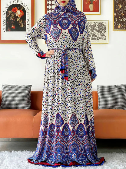 2025 Floral Ramadan Muslim Dress Solid Color Khimar Kaftan Abaya Robe with Attached Hijab Middle East Prayer Garment for Women - AMULET RING STORE