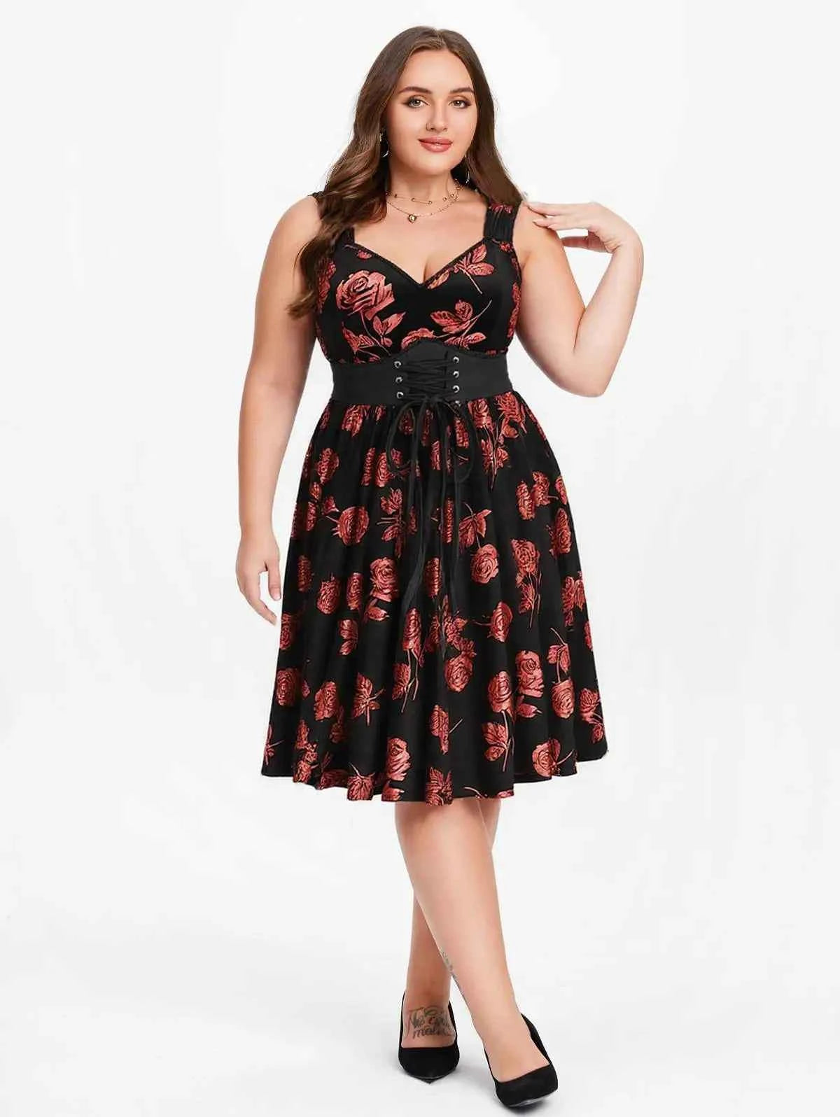 ROSEGAL Plus Size Gilding Rose Lace Up Velvet Sleeveless Swing Dress Women Summer Casual Knee-Length Dress Vestidos With Pocket