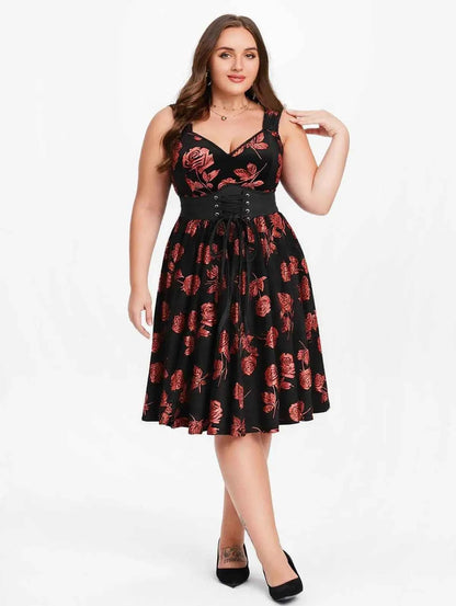 ROSEGAL Plus Size Gilding Rose Lace Up Velvet Sleeveless Swing Dress Women Summer Casual Knee-Length Dress Vestidos With Pocket