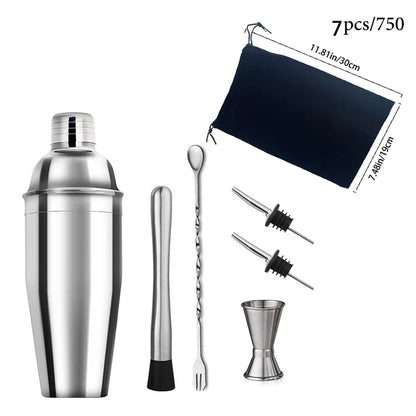 6/7/10pcs Stainless Steel Cocktail Shaker Bartending Tools Bartender Kit Martini Sharker Drink Mixer Set With Storage Bag - AMULET RING STORE