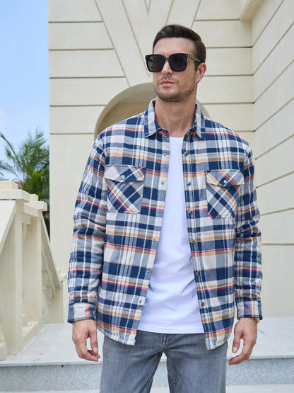 TACVASEN Winter Plaid Cotton Jackets Mens Long Sleeve Quilted Lined Flannel Shirt Jacket Multi-Pockets Outwear Hiking Coats Tops