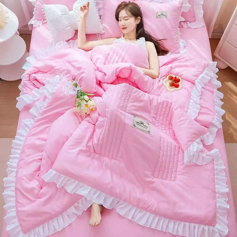 1/3Pc Korean Princess Ruffles Flowers Embroidery Summer Quilt Bedspread on The Bed Quilt Air-conditioning Blanket Bedding Set