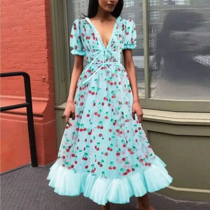 French Style Strawberry Two-tone V-neck Long Dress Sequins Ruffles Fashionable Net Yarn Sleeveless Robe