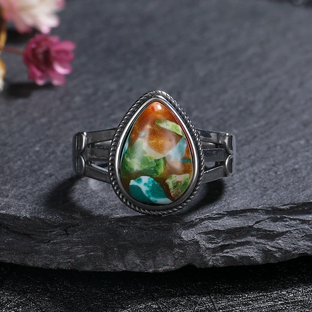 Vintage Natural Emperor Stone Ring S925 Silver Retro Hollow Luxury Fine Jewelry Wedding Gift for Women - AMULET RING STORE