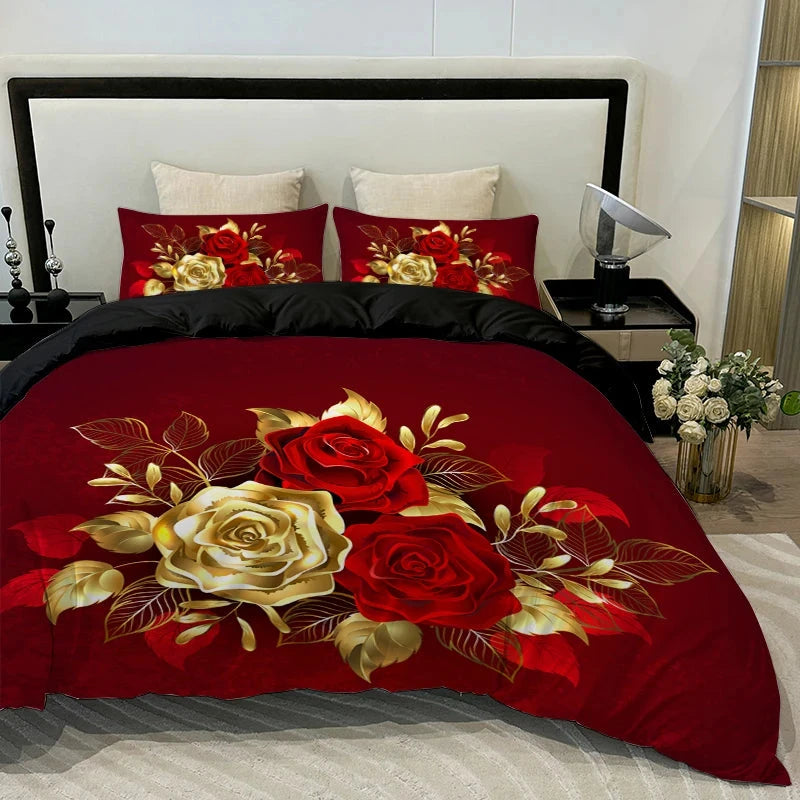 3pcs Golden Rose Duvet Cover Set，Soft And Breathable Bedroom And Dormitory Bedding，Includ (Duvet Cover*1+Pillowcase*2) - AMULET RING STORE