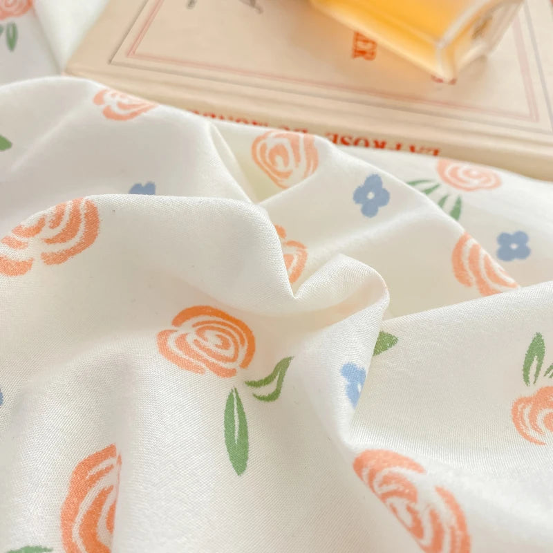 Korean Retro Floral Bedding Set 100% Washed Cotton Bed Sheets Set Soft Duvet Cover Bed Linen Pillowcase Single Double Queen King - AMULET RING STORE